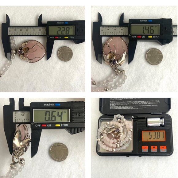 Sterling Silver 925 Modernist Rose Quartz & Amethyst Beaded Pendant Necklace - Picture 10 of 16